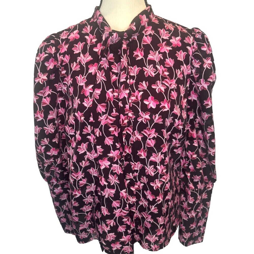 Women's Who What Wear BLACK PINK‎ Floral Puff Long Sleeve Polyester Blouse Sz L